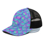 Teal Purple Mermaid Scales Pattern Print Black Mesh Trucker Cap
