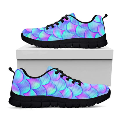 Teal Purple Mermaid Scales Pattern Print Black Running Shoes