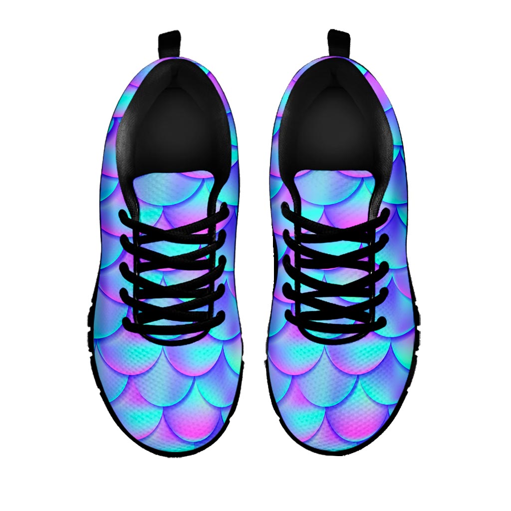 Teal Purple Mermaid Scales Pattern Print Black Running Shoes