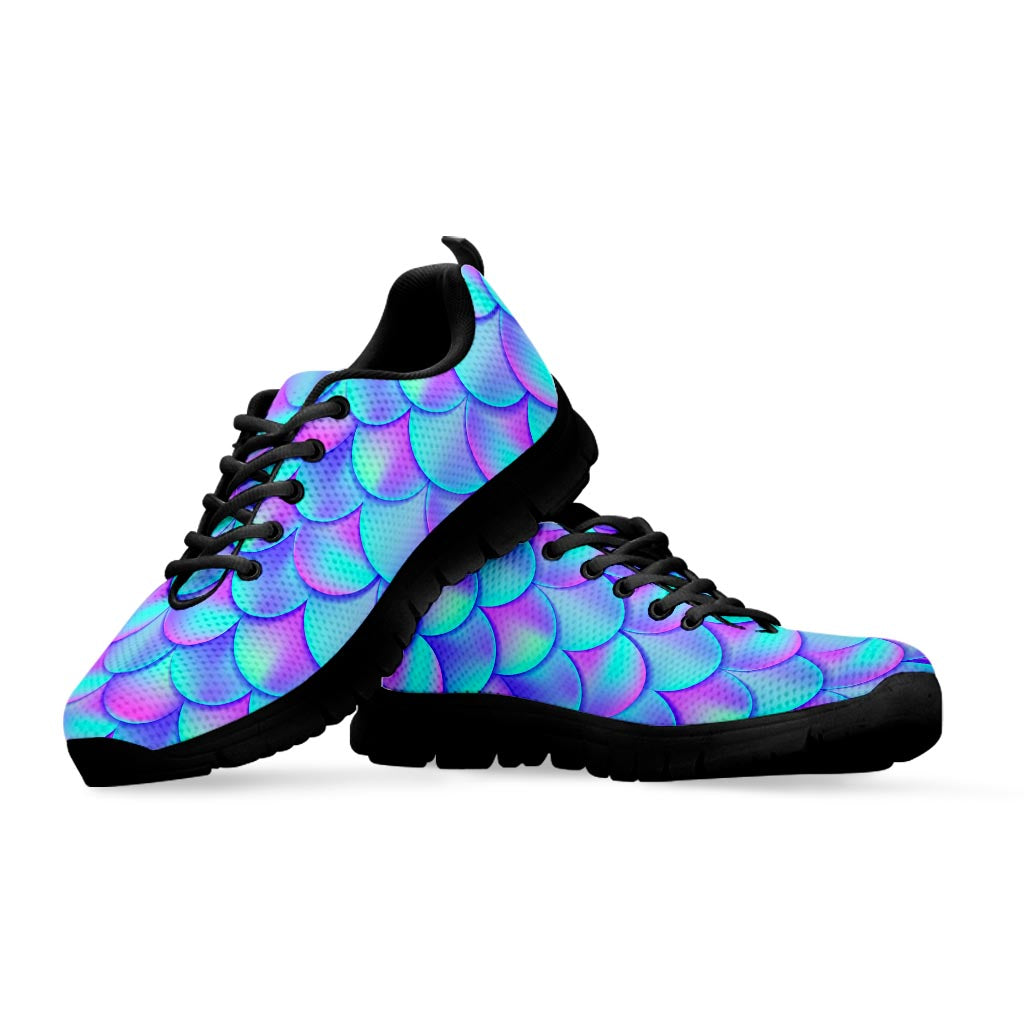 Teal Purple Mermaid Scales Pattern Print Black Running Shoes