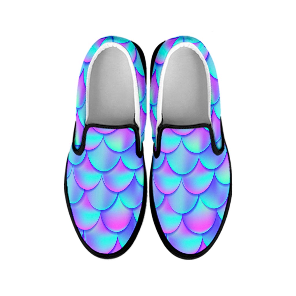 Teal Purple Mermaid Scales Pattern Print Black Slip On Sneakers