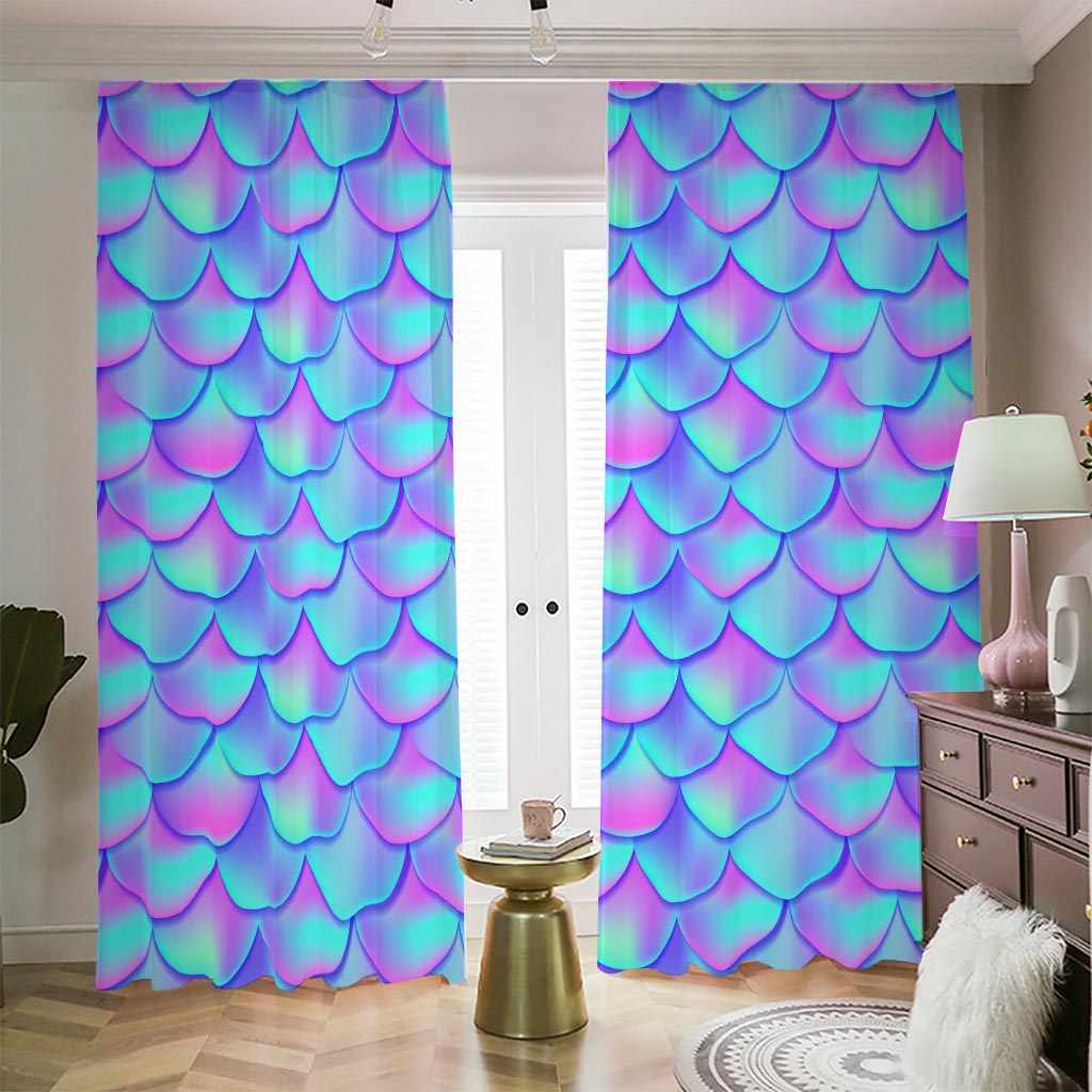 Teal Purple Mermaid Scales Pattern Print Blackout Pencil Pleat Curtains