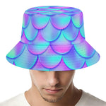 Teal Purple Mermaid Scales Pattern Print Bucket Hat