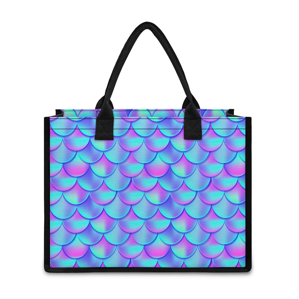 Teal Purple Mermaid Scales Pattern Print Canvas Tote Bag