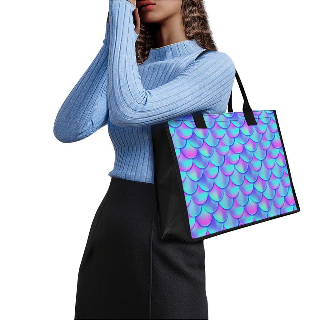 Teal Purple Mermaid Scales Pattern Print Canvas Tote Bag