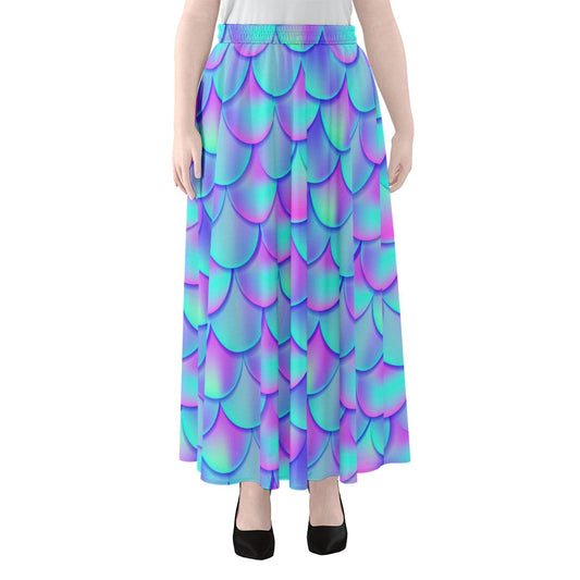 Teal Purple Mermaid Scales Pattern Print Chiffon Maxi Skirt
