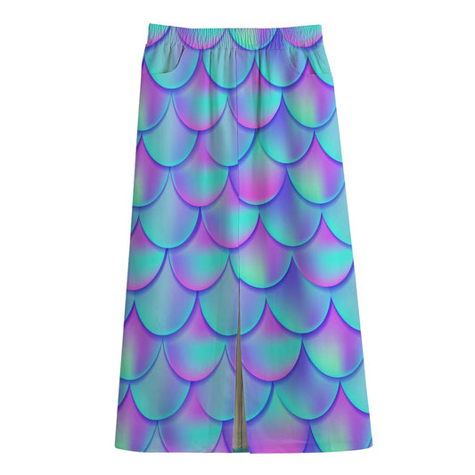 Teal Purple Mermaid Scales Pattern Print Cotton Front Slit Maxi Skirt