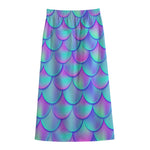 Teal Purple Mermaid Scales Pattern Print Cotton Front Slit Maxi Skirt