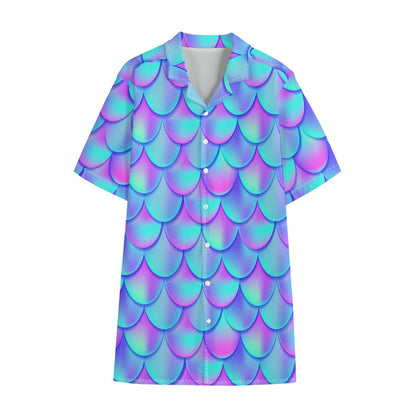 Teal Purple Mermaid Scales Pattern Print Cotton Hawaiian Shirt