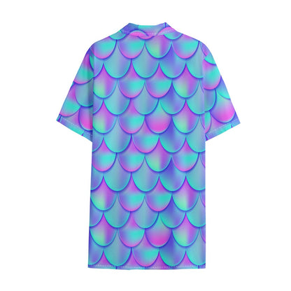 Teal Purple Mermaid Scales Pattern Print Cotton Hawaiian Shirt