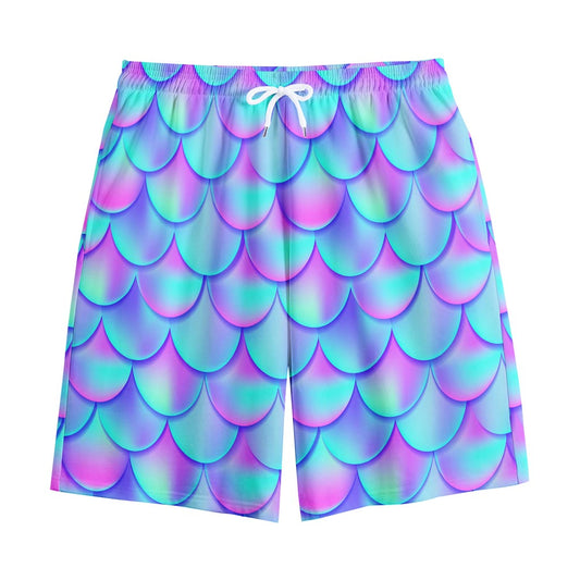 Teal Purple Mermaid Scales Pattern Print Cotton Shorts