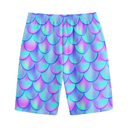 Teal Purple Mermaid Scales Pattern Print Cotton Shorts