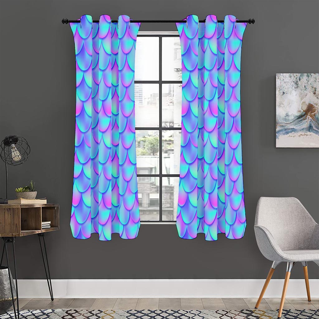 Teal Purple Mermaid Scales Pattern Print Curtain
