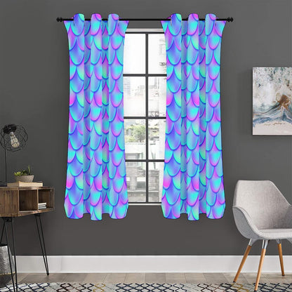 Teal Purple Mermaid Scales Pattern Print Curtain