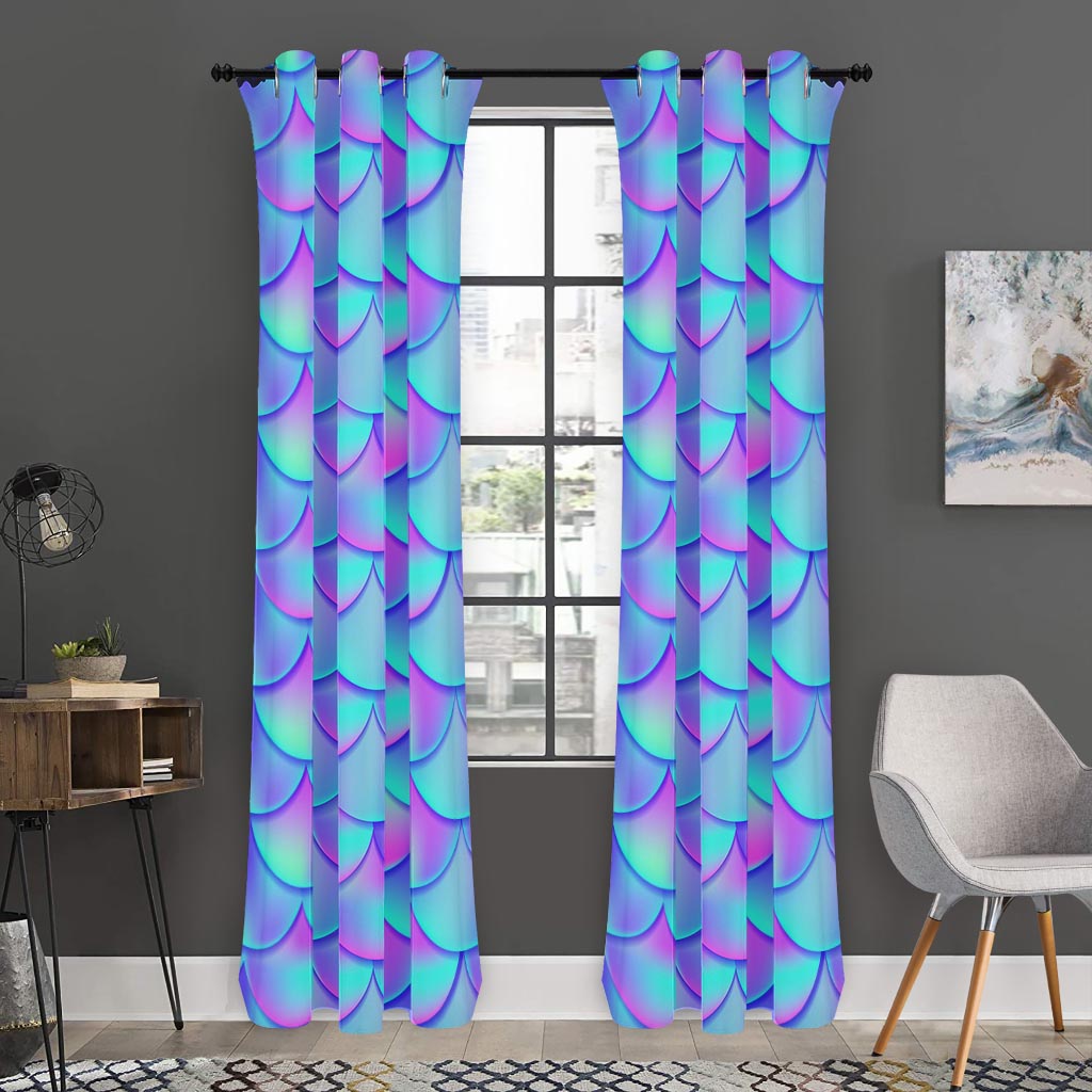 Teal Purple Mermaid Scales Pattern Print Curtain