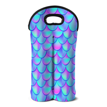 Teal Purple Mermaid Scales Pattern Print Double Neoprene Wine Tote