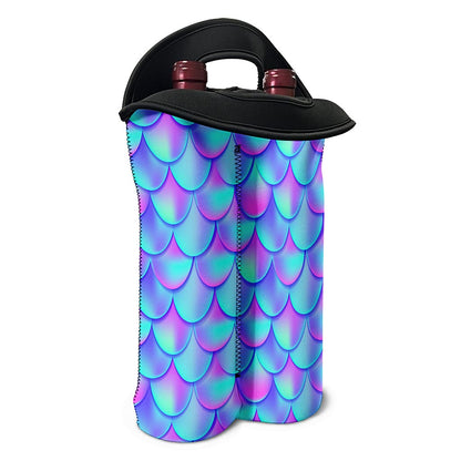 Teal Purple Mermaid Scales Pattern Print Double Neoprene Wine Tote