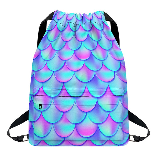 Teal Purple Mermaid Scales Pattern Print Drawstring Backpack