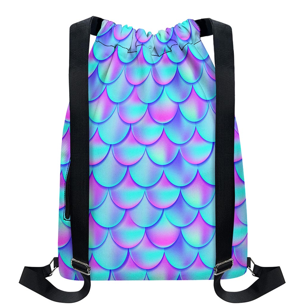 Teal Purple Mermaid Scales Pattern Print Drawstring Backpack