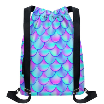 Teal Purple Mermaid Scales Pattern Print Drawstring Backpack