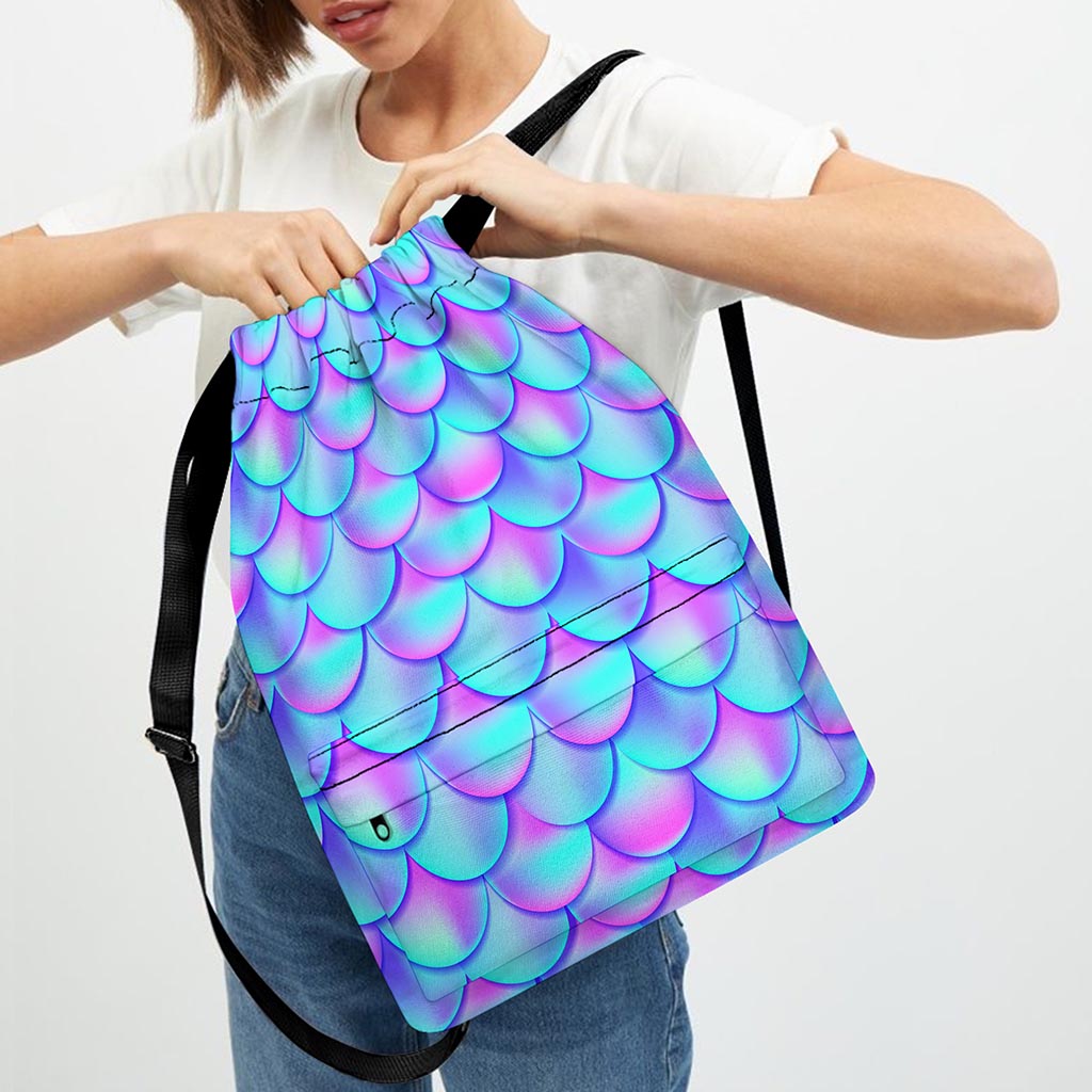 Teal Purple Mermaid Scales Pattern Print Drawstring Backpack