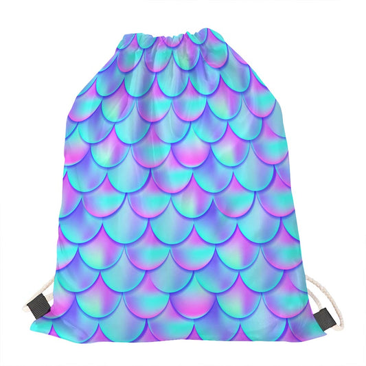 Teal Purple Mermaid Scales Pattern Print Drawstring Bag