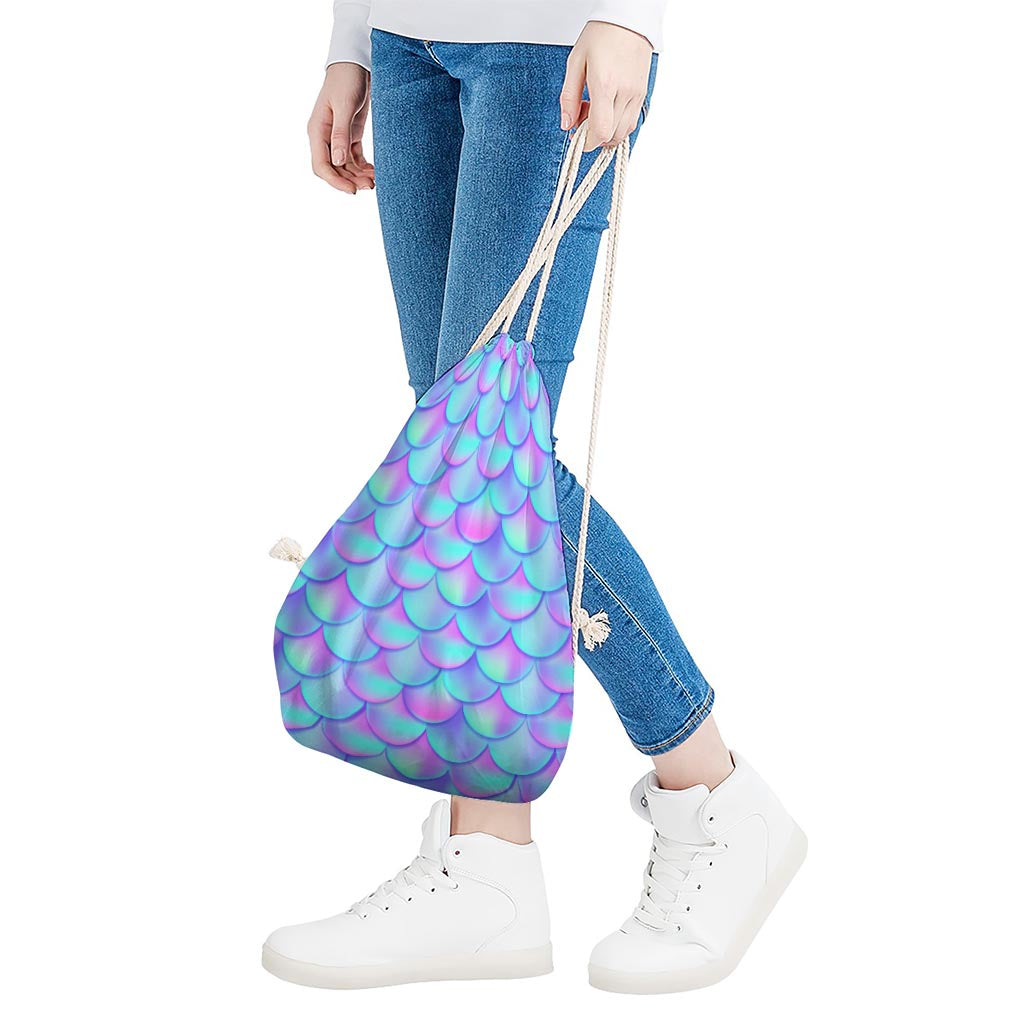 Teal Purple Mermaid Scales Pattern Print Drawstring Bag