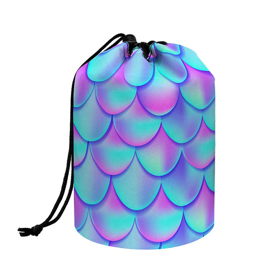 Teal Purple Mermaid Scales Pattern Print Drawstring Makeup Bag