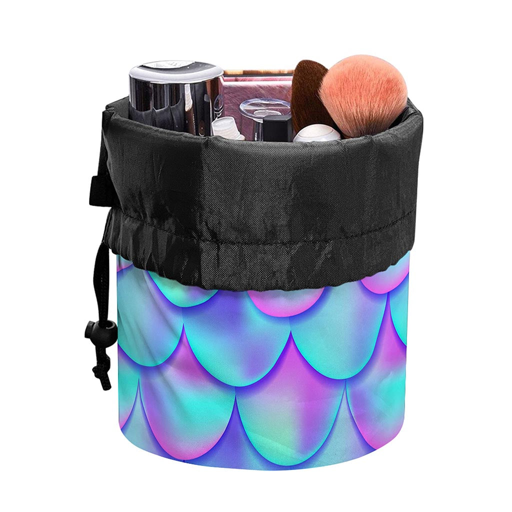 Teal Purple Mermaid Scales Pattern Print Drawstring Makeup Bag