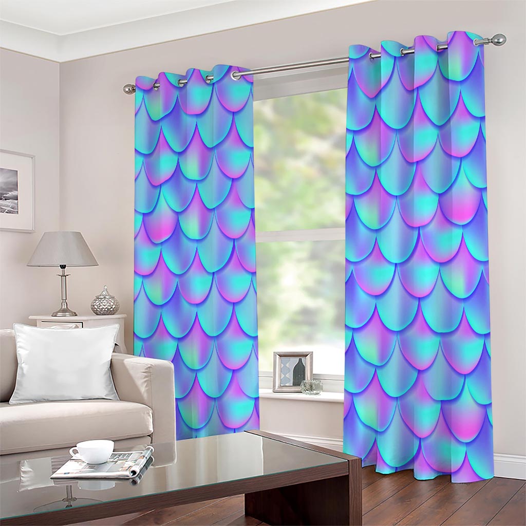 Teal Purple Mermaid Scales Pattern Print Extra Wide Grommet Curtains