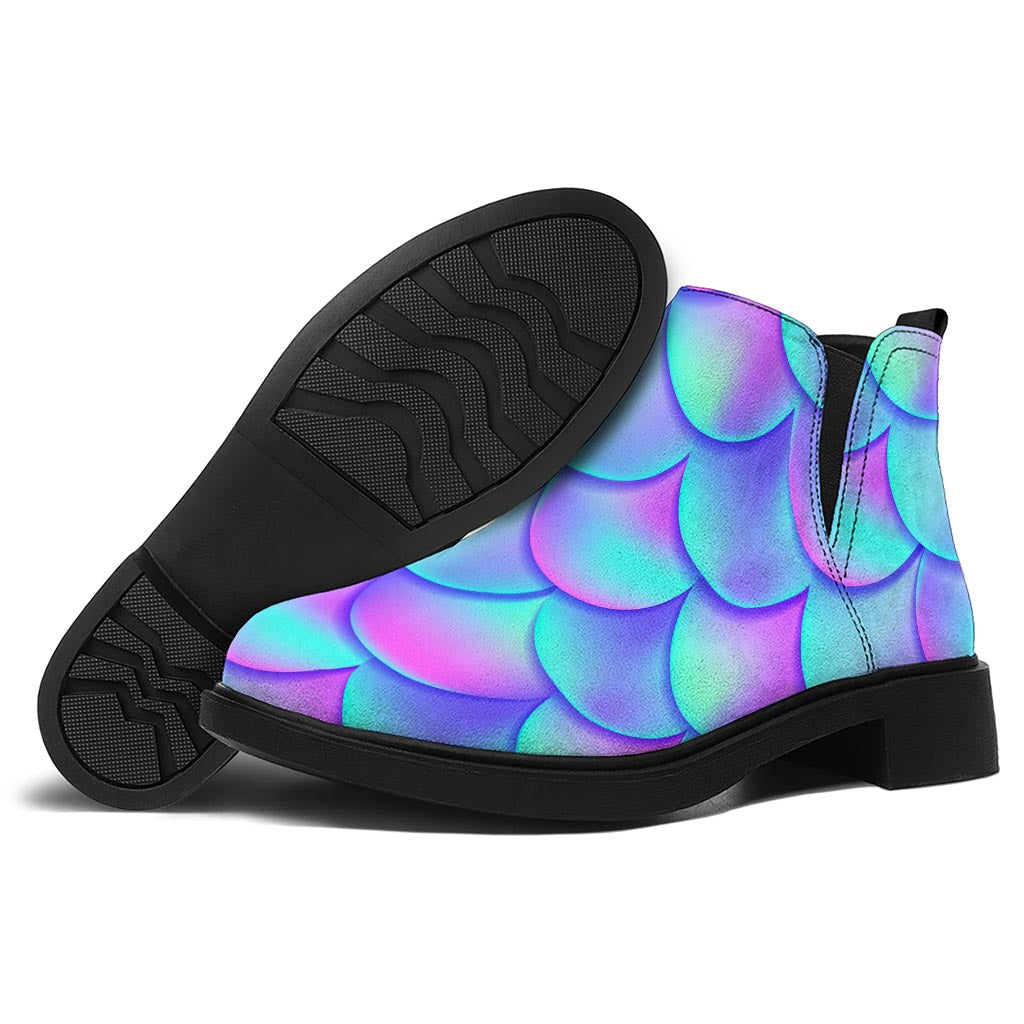 Teal Purple Mermaid Scales Pattern Print Flat Ankle Boots