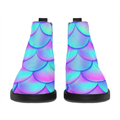 Teal Purple Mermaid Scales Pattern Print Flat Ankle Boots