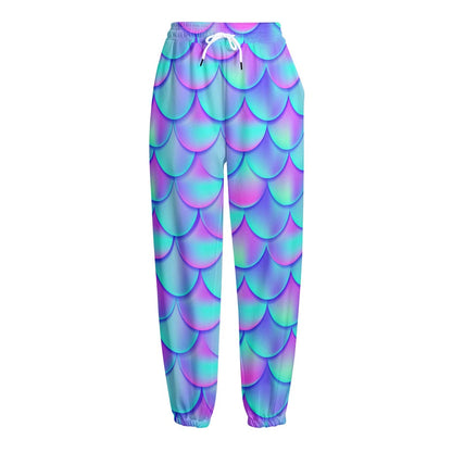 Teal Purple Mermaid Scales Pattern Print Fleece Lined Knit Pants