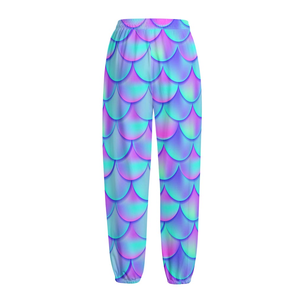 Teal Purple Mermaid Scales Pattern Print Fleece Lined Knit Pants