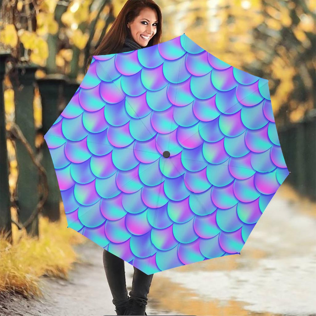 Teal Purple Mermaid Scales Pattern Print Foldable Umbrella