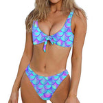 Teal Purple Mermaid Scales Pattern Print Front Bow Tie Bikini