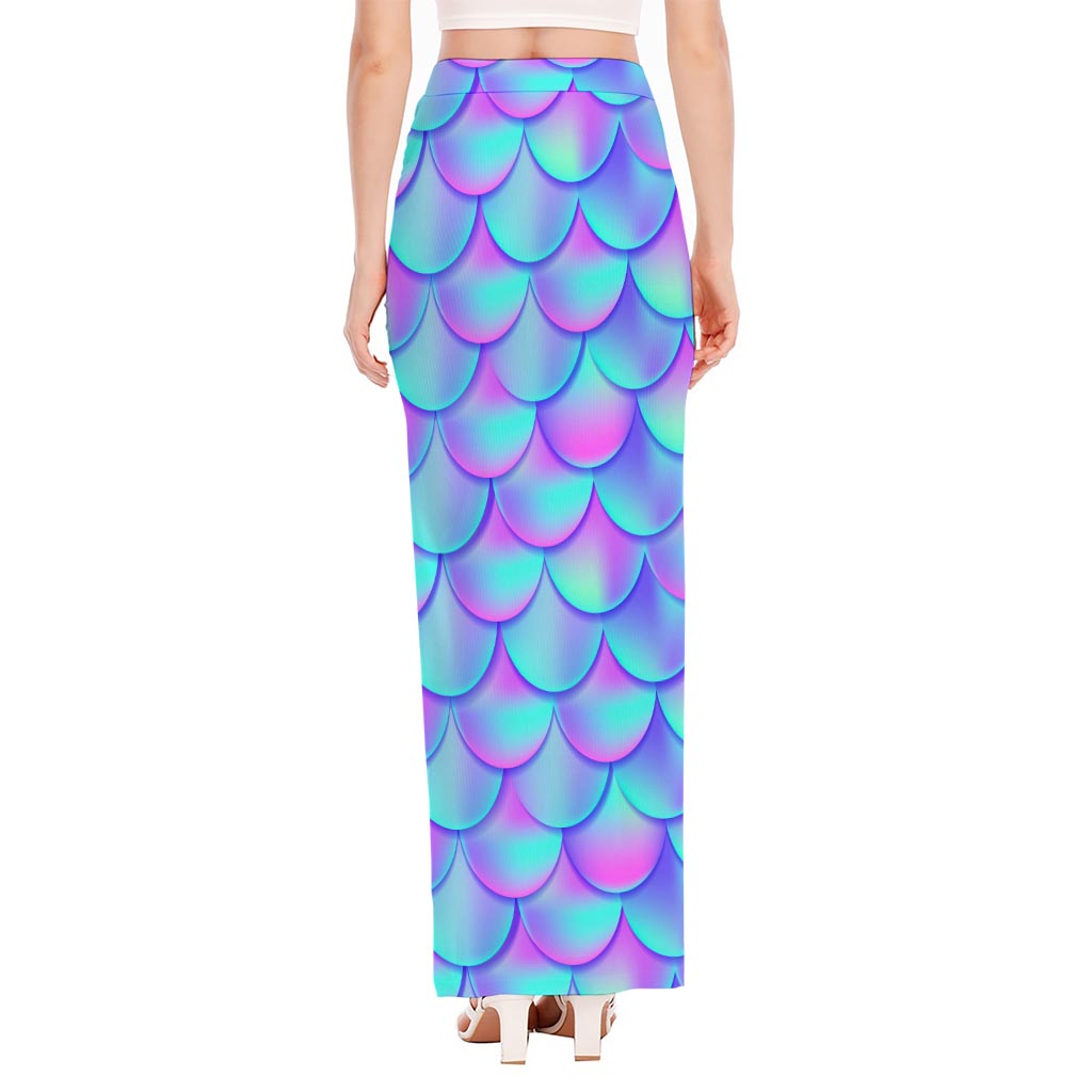 Teal Purple Mermaid Scales Pattern Print High Slit Maxi Skirt