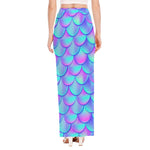 Teal Purple Mermaid Scales Pattern Print High Slit Maxi Skirt