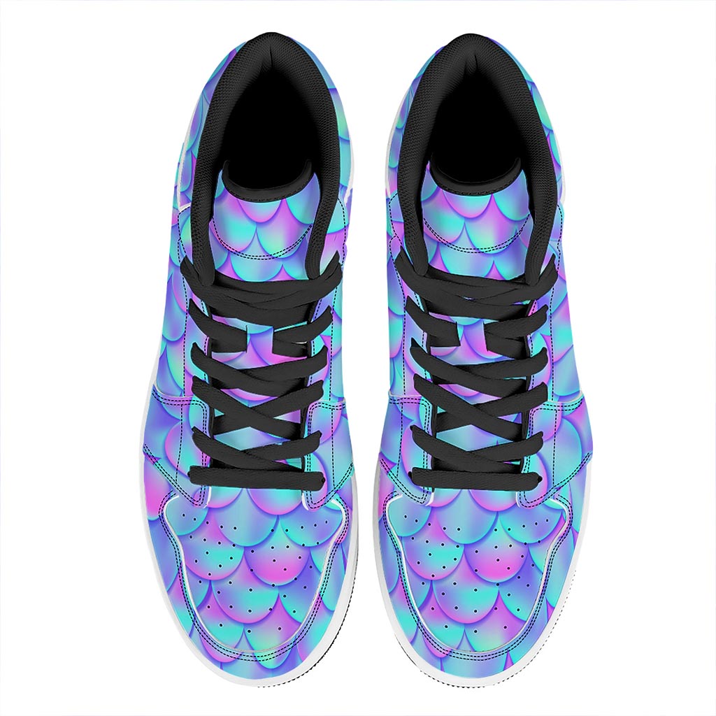 Teal Purple Mermaid Scales Pattern Print High Top Leather Sneakers
