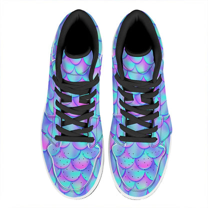 Teal Purple Mermaid Scales Pattern Print High Top Leather Sneakers