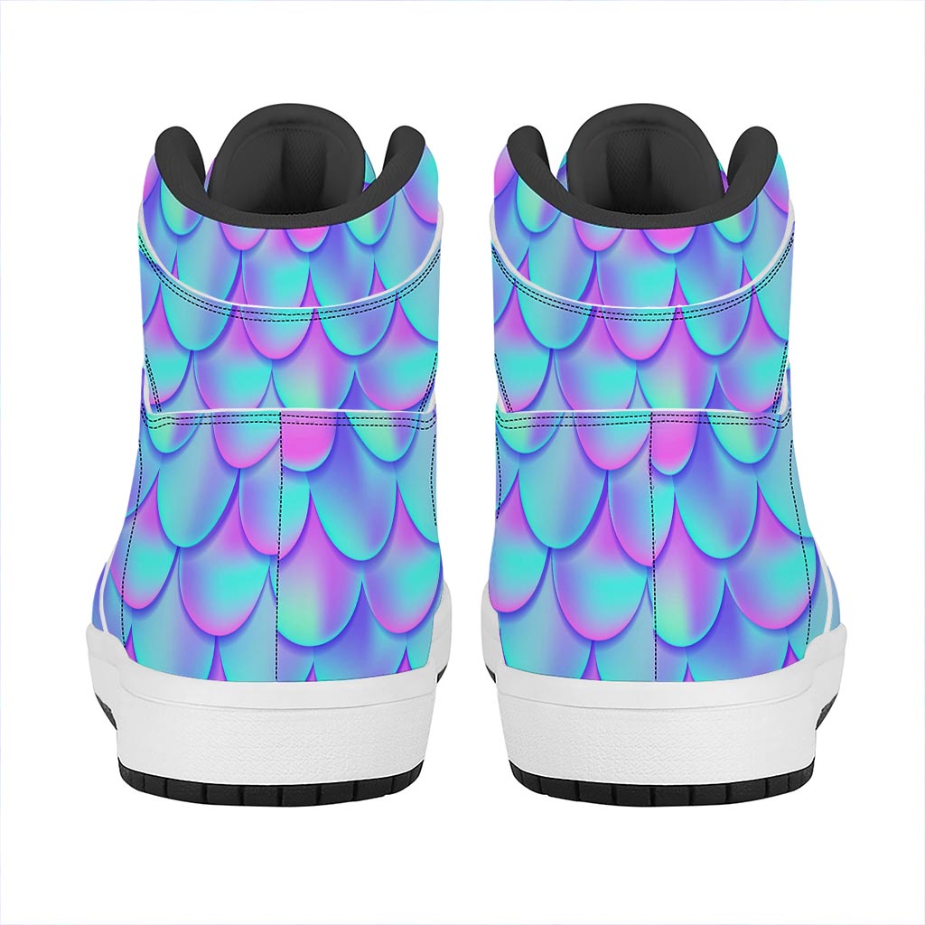 Teal Purple Mermaid Scales Pattern Print High Top Leather Sneakers