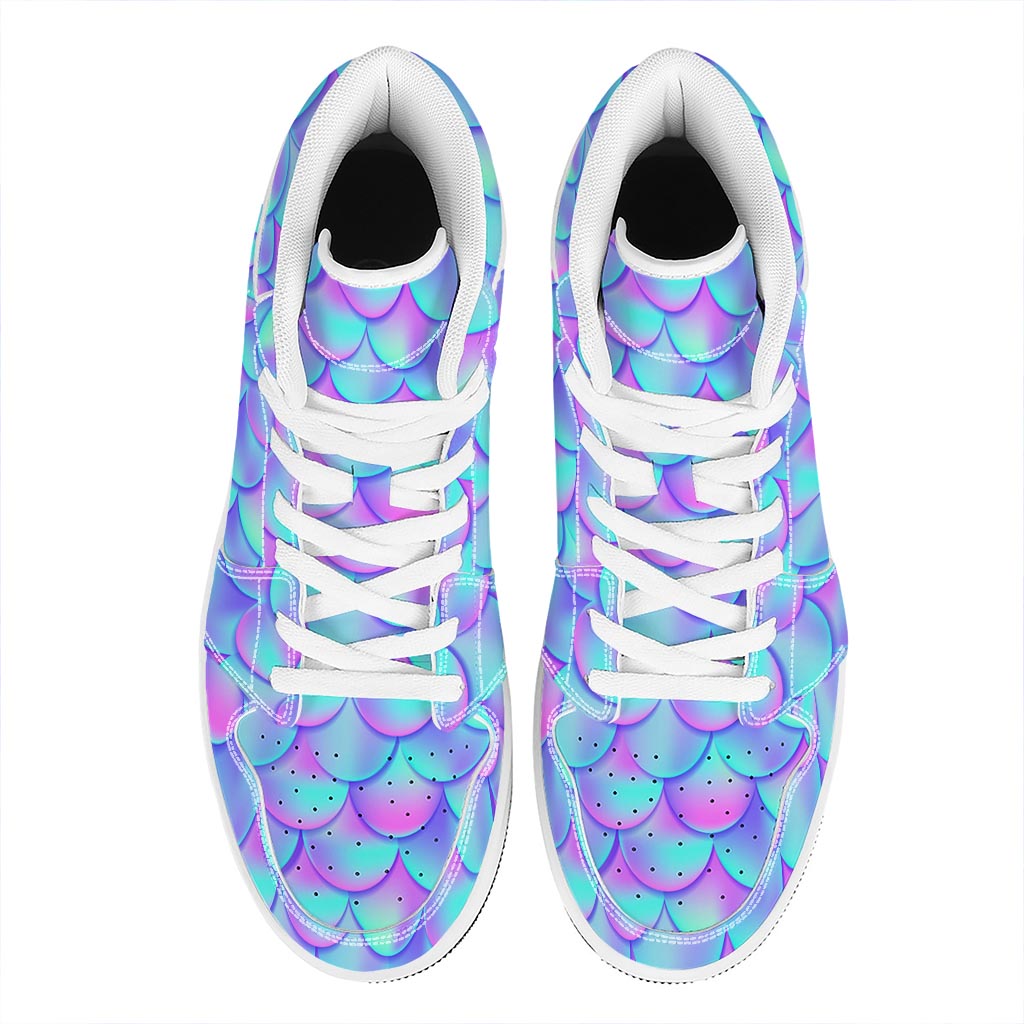 Teal Purple Mermaid Scales Pattern Print High Top Leather Sneakers