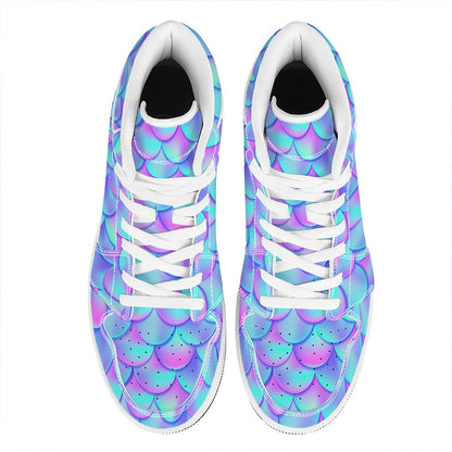Teal Purple Mermaid Scales Pattern Print High Top Leather Sneakers