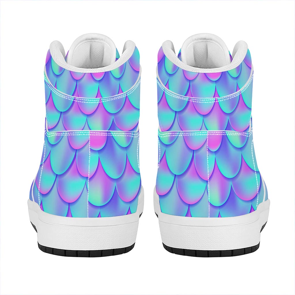 Teal Purple Mermaid Scales Pattern Print High Top Leather Sneakers