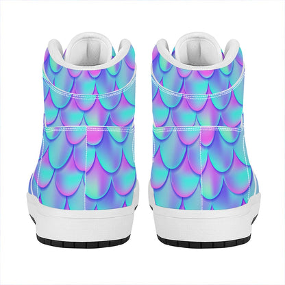 Teal Purple Mermaid Scales Pattern Print High Top Leather Sneakers