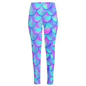 Teal Purple Mermaid Scales Pattern Print High-Waisted Pocket Leggings