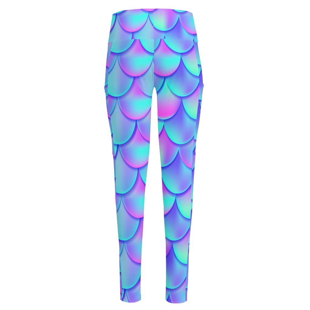 Teal Purple Mermaid Scales Pattern Print High-Waisted Pocket Leggings