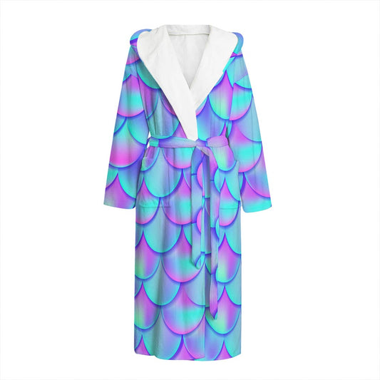 Teal Purple Mermaid Scales Pattern Print Hooded Bathrobe