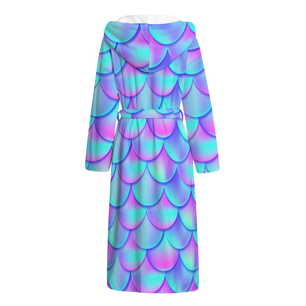 Teal Purple Mermaid Scales Pattern Print Hooded Bathrobe