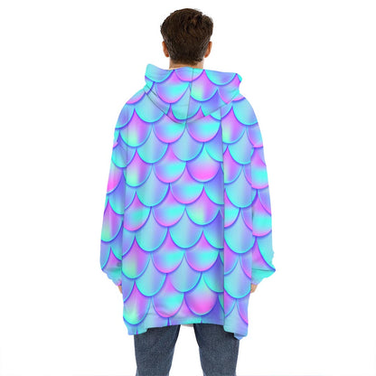 Teal Purple Mermaid Scales Pattern Print Hoodie Blanket